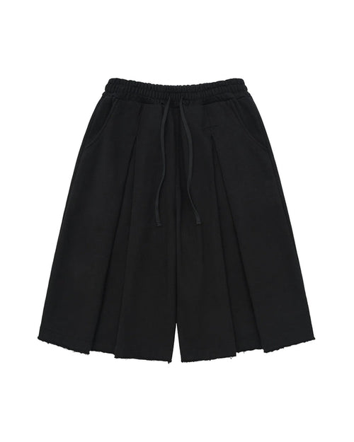 Anglan Valley Tuck Sweat Half Pants - Black