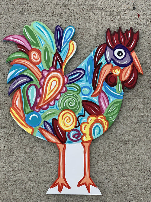 A colorful rooster-shaped yard art blank with multiple vibrant colors on a gray background.