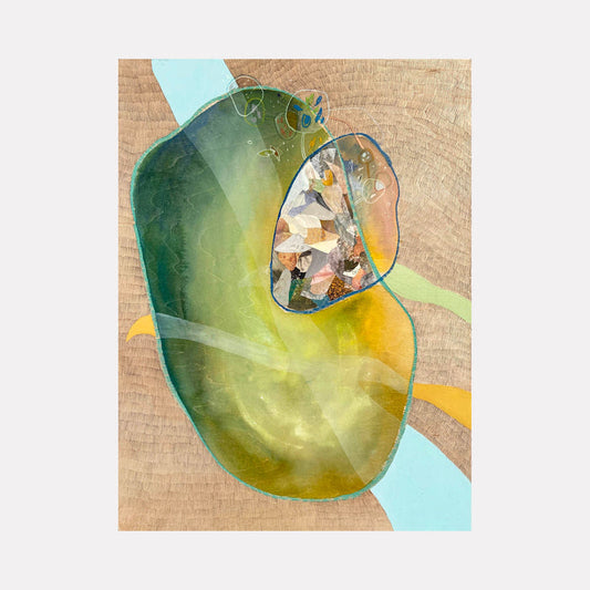 The artwork 'Bye-Lo' by Linden Eller features an abstract organic form in luminous green and yellow hues, with a collaged circular detail containing multicolored fragments. Set against a textured tan background with mint blue accents, the mixed media piece on wood panel combines fluid shapes with precise geometric elements. - Linden Eller