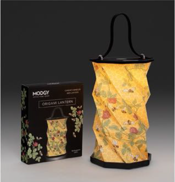 An origami lantern with a bee pattern displayed next to its packaging.