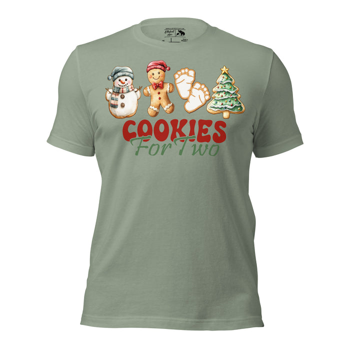 Cookies for Two pregnancy announcement shirt with Christmas cookies design