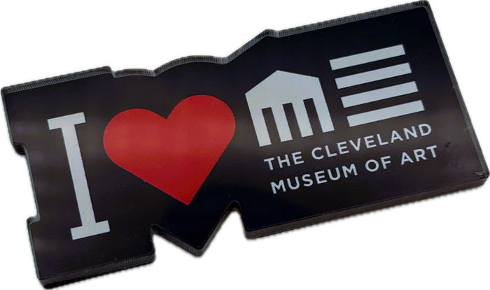 Sticker with 'I ❤️ Cleveland Museum of Art' text on a black background
