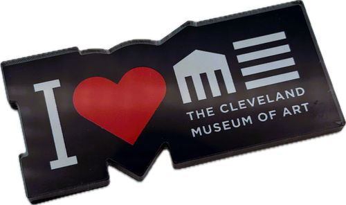 Sticker with 'I ❤️ Cleveland Museum of Art' text on a black background