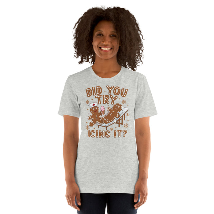 RN nurse holiday shirt with gingerbread Christmas design