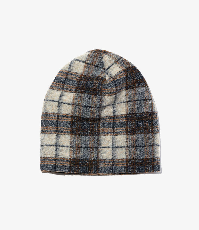 Engineered Garments Beanie - Khaki/Navy Poly Wool Knit Plaid