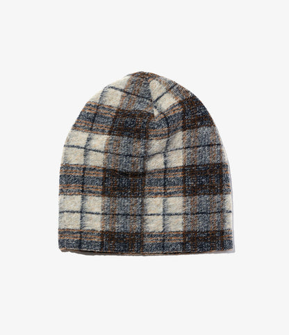 Engineered Garments Beanie - Khaki/Navy Poly Wool Knit Plaid