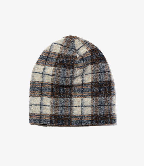Engineered Garments Beanie - Khaki/Navy Poly Wool Knit Plaid