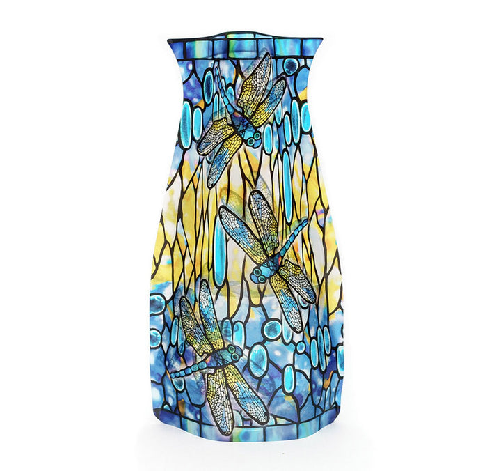 A blue expandable vase with a dragonfly pattern inspired by the Tiffany design.