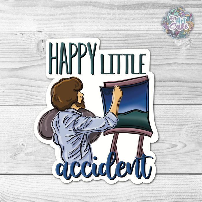Sticker with illustration of a person holding a painting and text 'Happy Little Accident' on a wooden surface.
