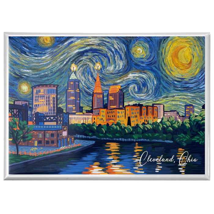 Framed artwork of a city skyline with a Starry Night inspired sky, labeled 'Cleveland, Ohio'.
