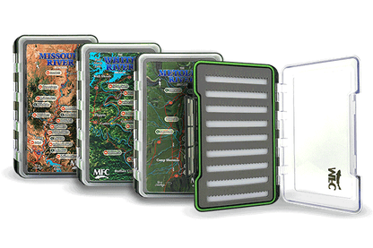 MFC River Map Waterproof Fly Box - Large showing detailed river maps and foam insert for organized fly fishing storage