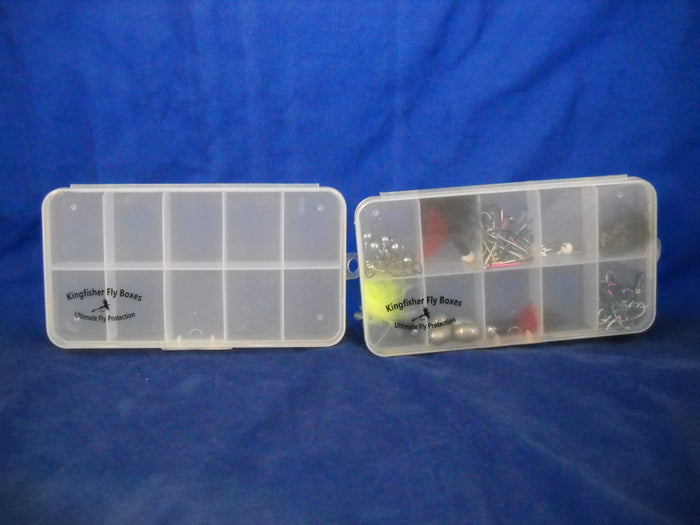 New Phase 1234 Large 10- Comp Clear Poly Box by New Phase Inc with ten compartments and snap tight latch at Freestone Fly Shop