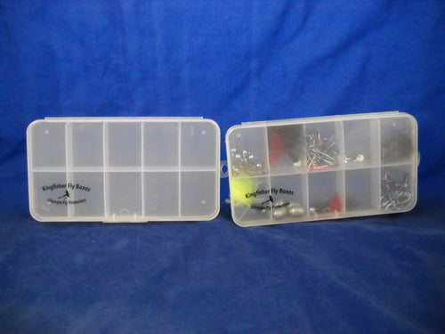 New Phase 1234 Large 10- Comp Clear Poly Box by New Phase Inc with ten compartments and snap tight latch at Freestone Fly Shop