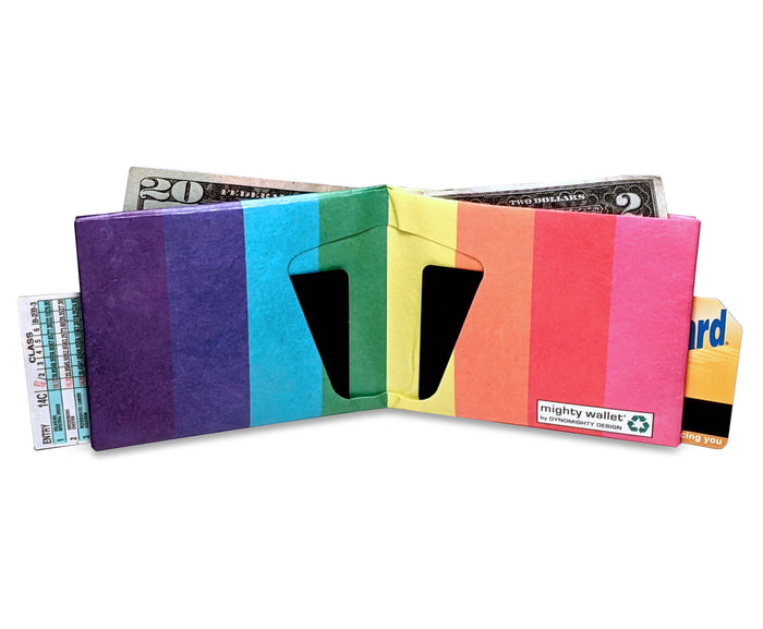 Colorful striped wallet with money and cards on a white background
