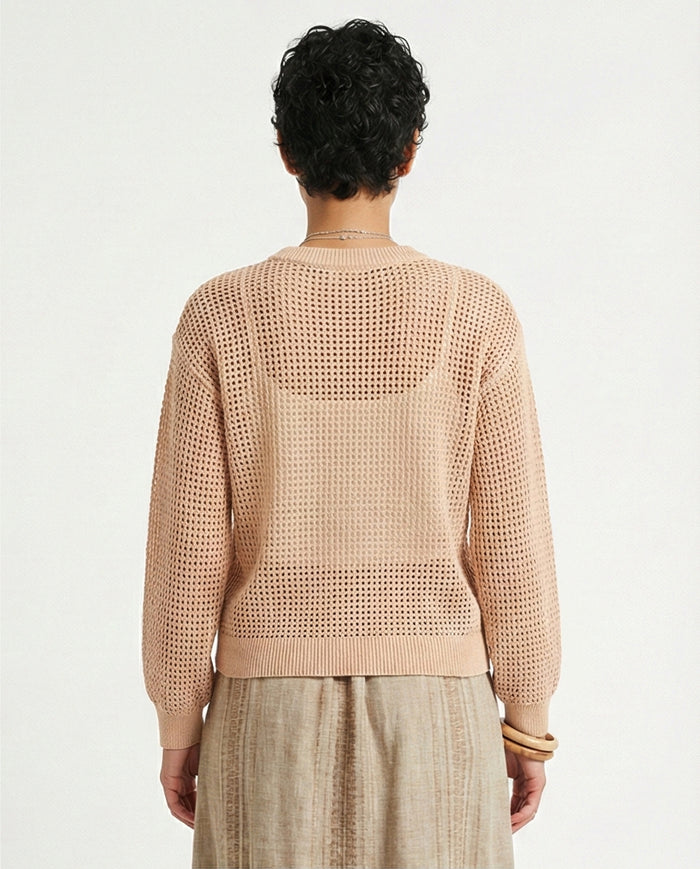 R205967-R205967 - Open Knit Pullover - Peach