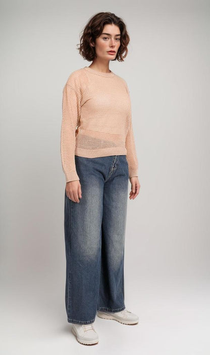 R205967-R205967 - Open Knit Pullover - Peach