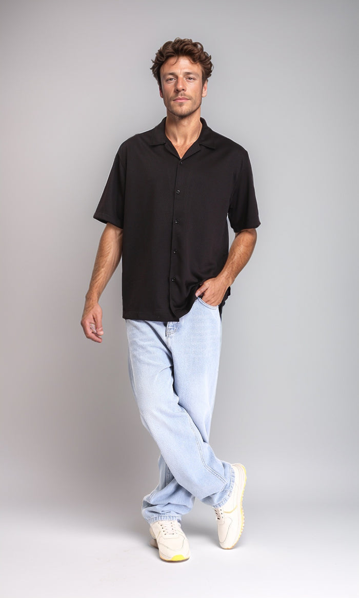 R206333 - Self Pattern Shirt with Classic Collar - Black
