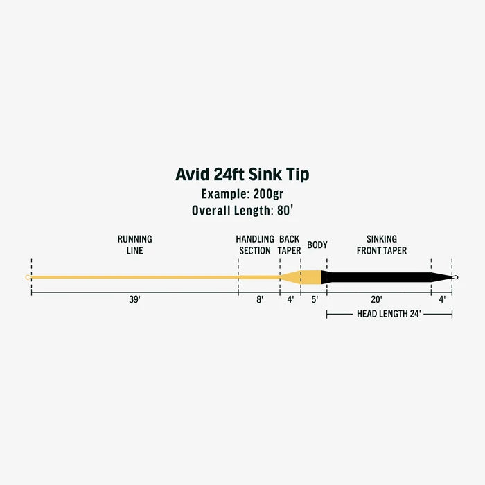 Rio Avid 24' Sink Tip fly line diagram showing running line, taper, and sinking front taper by Farbank Pros at Freestone Fly Shop