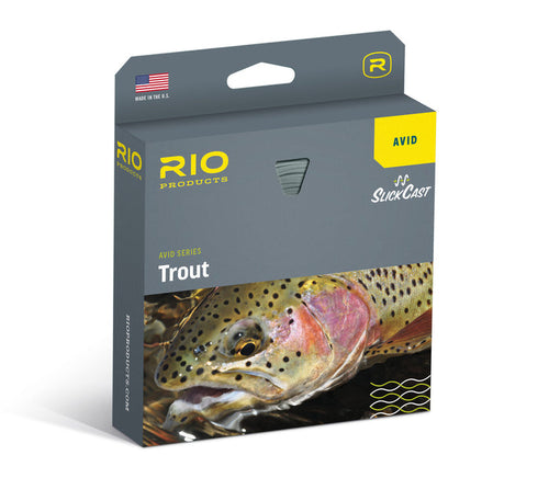 Rio Avid Trout Gold w/Slick Cast fly line packaging with trout image by Farbank Pros at Freestone Fly Shop