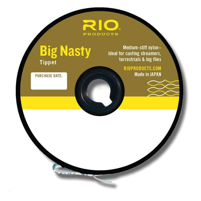 Rio Big Nasty Tippet spool in yellow and white design made of medium-stiff nylon for casting large flies and streamers
