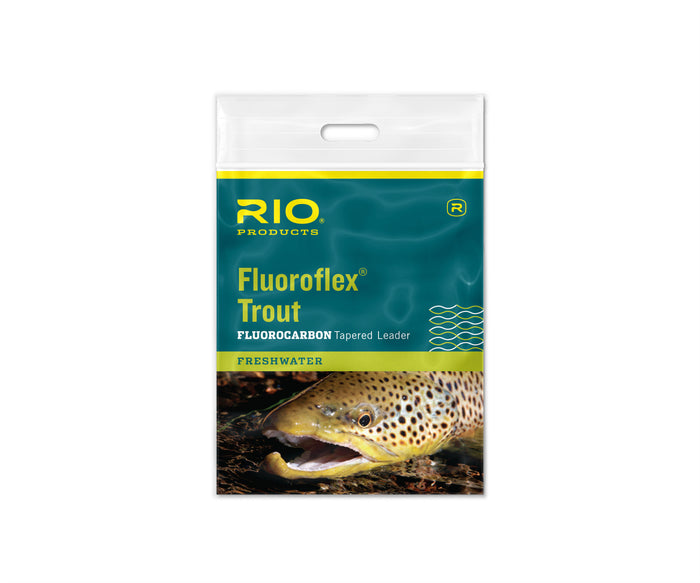 Rio Fluoroflex Leader packaging showing fluorocarbon trout leader for clear water and stealthy freshwater fly fishing casts