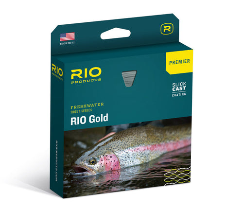 Rio Gold Premier Moss/Gold fly line packaging by Farbank Pros at Freestone Fly Shop with trout image and slick cast coating