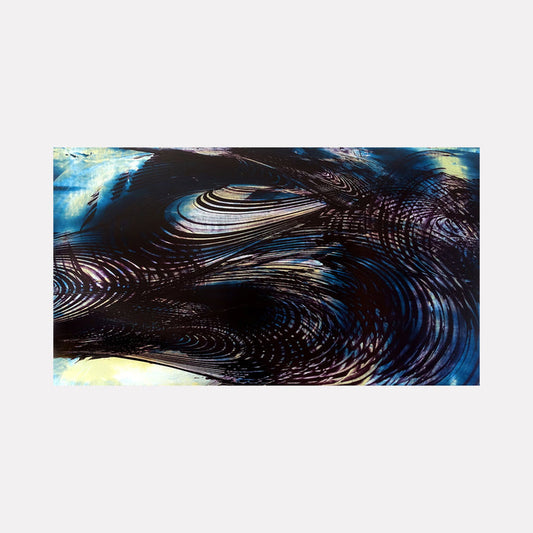 The artwork 'Rogue Station' by John Cox features dynamic swirling patterns in deep blues and blacks, reminiscent of cosmic waves or turbulent waters. Abstract ripples create mesmerizing concentric circles, enhanced by subtle touches of yellow and purple highlights. The acrylic on canvas painting showcases fluid movement and ethereal textures, measuring 32x57 inches.