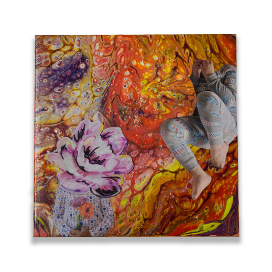The artwork 'See No Evil' by Mary Younkin features a vibrant mixed media composition with abstract swirls in fiery oranges and yellows, contrasting with a delicate purple rose and grey figure elements. The acrylic and collage technique on wood panel creates fluid, marble-like patterns and dynamic movement across the 8x8 inch surface.