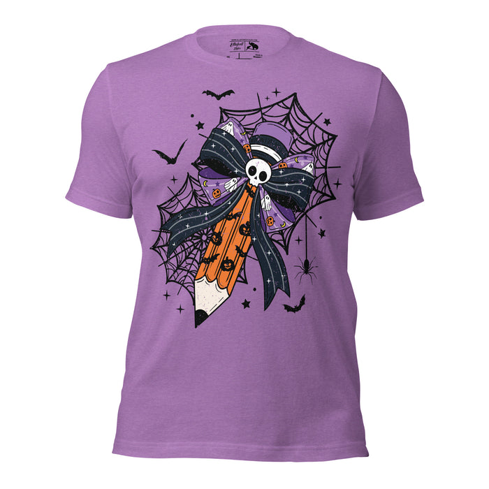 Halloween teacher shirt with spider webs around a pencil
