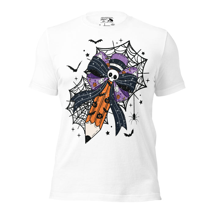 Teacher Halloween tee featuring a pencil wrapped in spider webs
