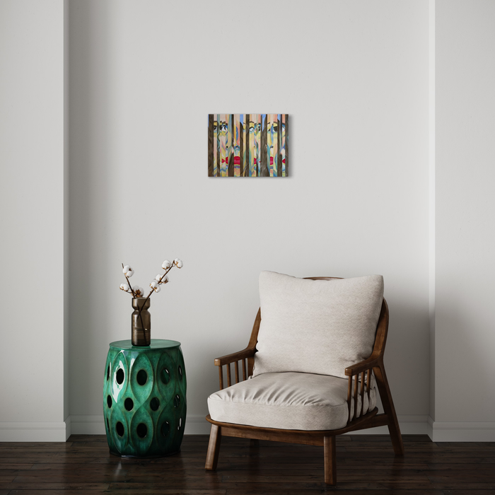 The artwork 'Verticals 2' by Patricia Fabricant features elegant vertical stripes in earthy browns and greens, interspersed with vibrant red circular elements, creating a rhythmic forest-like pattern. Painted in gouache on paper mounted on panel, the abstract composition evokes a stylized woodland scene with dynamic vertical movement and organic forms.