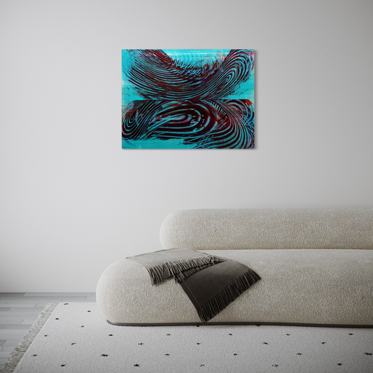 The artwork 'Who's Been Mystified' by John Cox features dramatic swirling black patterns against a vibrant turquoise background. The abstract composition creates a mesmerizing effect with flowing, fingerprint-like lines that intersect and curve across the acrylic canvas, suggesting movement and depth. The 30x40 inch piece combines modern design with organic forms.
