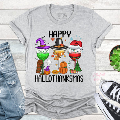 Cute fall holiday shirt combining Halloween Thanksgiving and Christmas designs